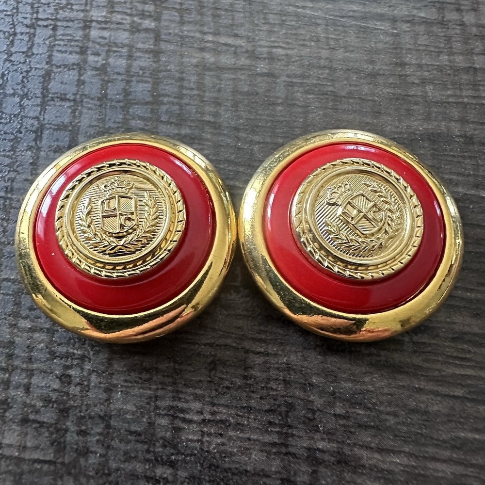 Vintage Liz Claiborne Red Gold Rim Heraldic Coat Of Arms Buttons Set Of 2